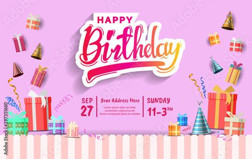 happy birthday invitation vector design with party element. balloons, glitter, gift box isolated on pink background. design can be use for celebration moment