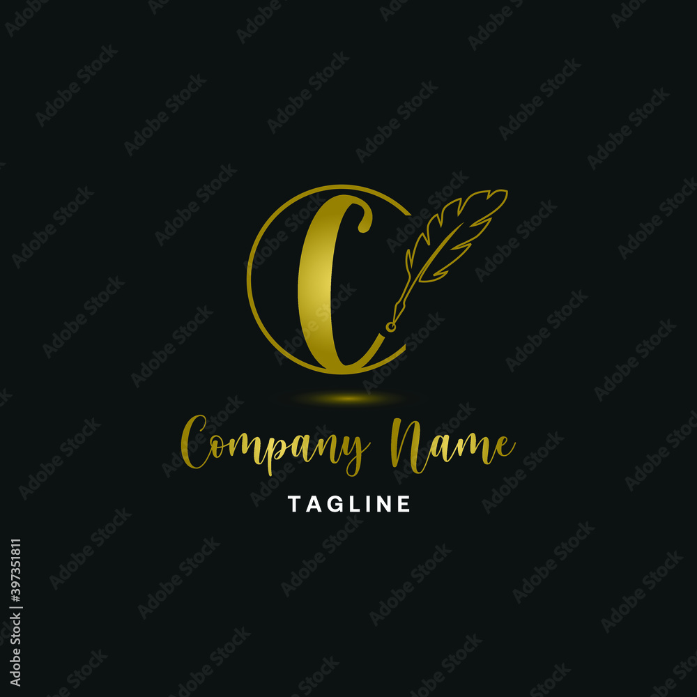 Luxury golden initial c letter with feather. Writing, art, copywrite business logo concept Luxury golden initial c letter with feather. Writing, art, copywrite business logo concept
