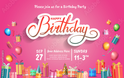 happy birthday invitation vector design with party element. balloons, glitter, gift box isolated on pink background. design can be use for celebration moment