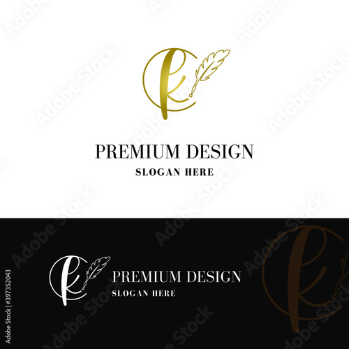 Luxury golden initial k letter with feather. Writing, art, copywrite business logo  concept