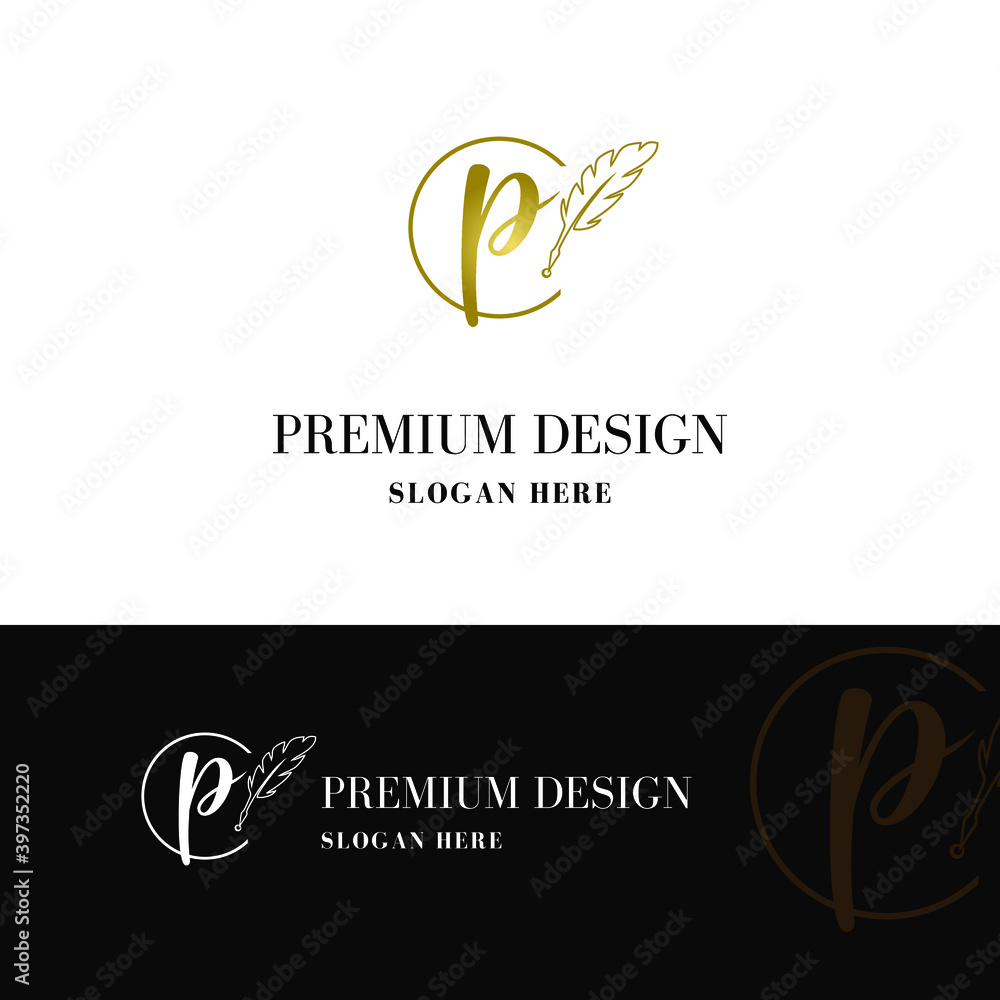 Luxury golden initial p letter with feather. Writing, art, copywrite business logo  concept