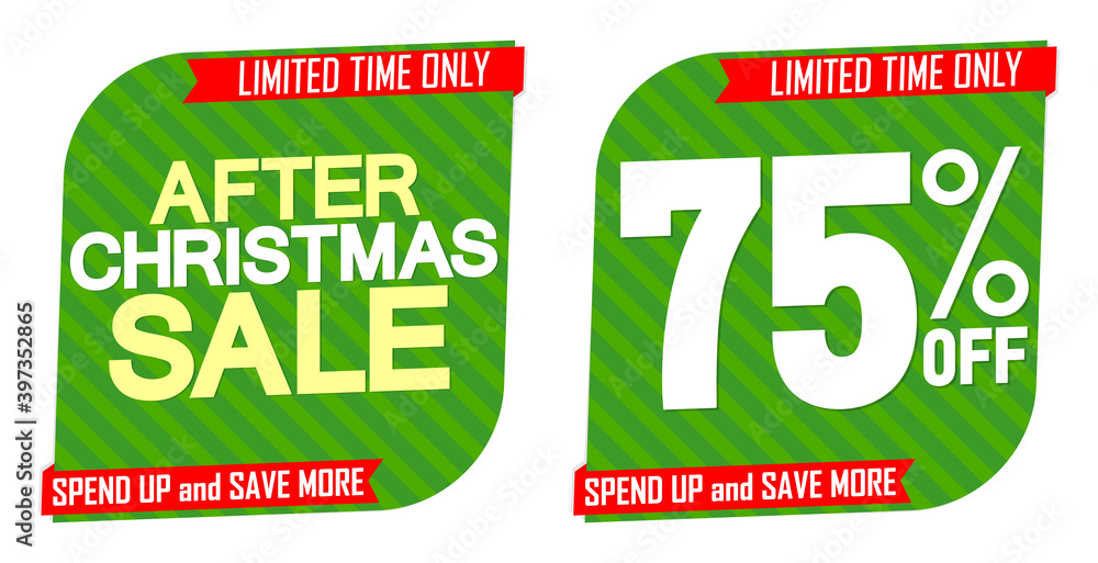 After Christmas Sale, 75% off, set discount banners design template, promotion tags, app icons, vector illustration