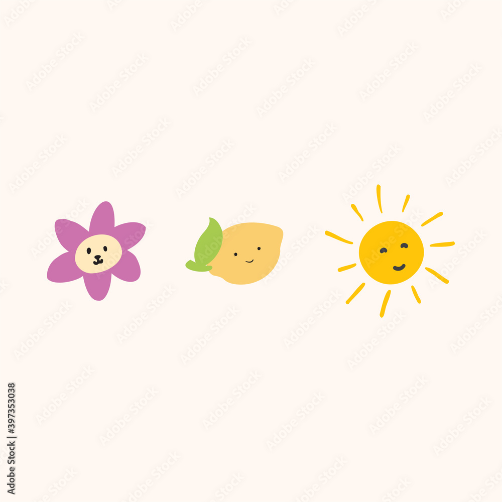 Cute character of flower, lemon, and sun for kids illustration