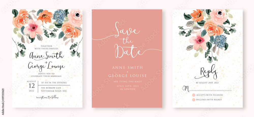 wedding invitation set with soft lush floral watercolor