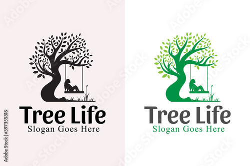 nature tree of life logo design inspiration. tree care and people design with black version