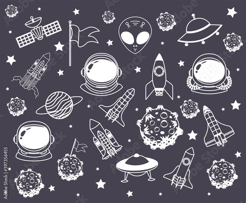 set of space icons over a black background
