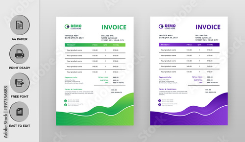 Professional colorful invoice Template . Vector Business Stationery Design. Print Template