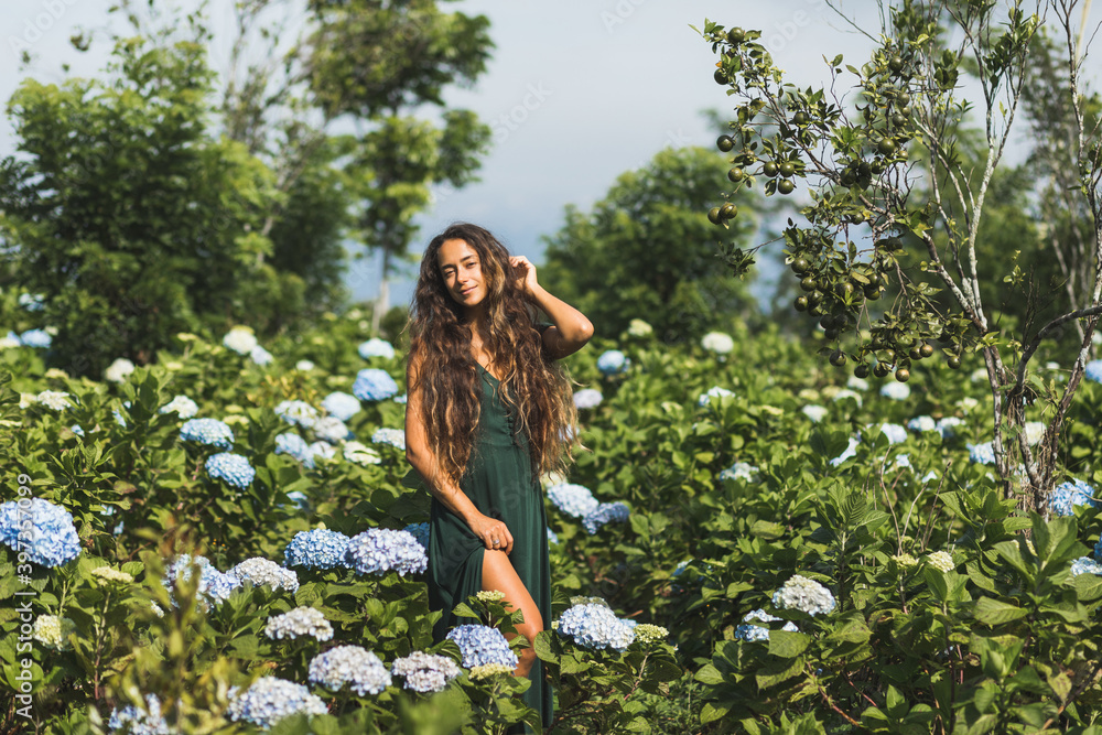 Young beautiful woman in green dress enjoying blooming blue hydrangeas flowers in garden. Gardening and florist concept. Plantation of flowers. Beauty in nature. Young beautiful woman in green dress enjoying blooming blue hydrangeas flowers in garden. Gardening and florist concept. Plantation of flowers. Beauty in nature.