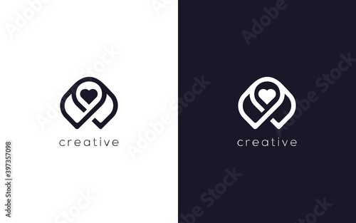 Abstract letter M with pin location and love symbol logotype, creative vector line based icon template