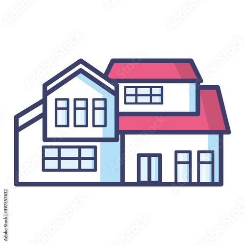 house with red roof and windows line and fill style icon vector design