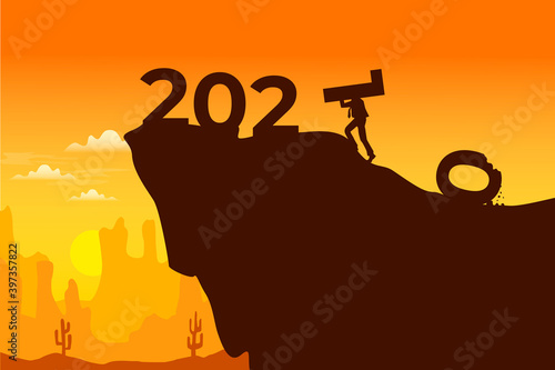a vector graphic illustration of a man replace 2020 with 2021 on the cliff with a beautiful sunset view.