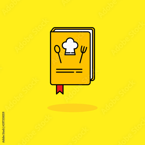 Simple food recipe book vector illustration isolated on yellow background. Recipe book linear color style icon