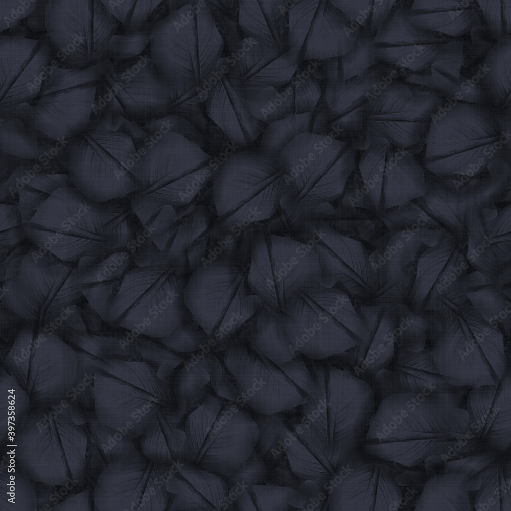 Fototapeta premium Dark moody almost black leaf seamless pattern. High quality illustration. Deep mysterious distant and faded leaf foliage design. Luxurious shadow surface pattern design for interiors or backgrounds.