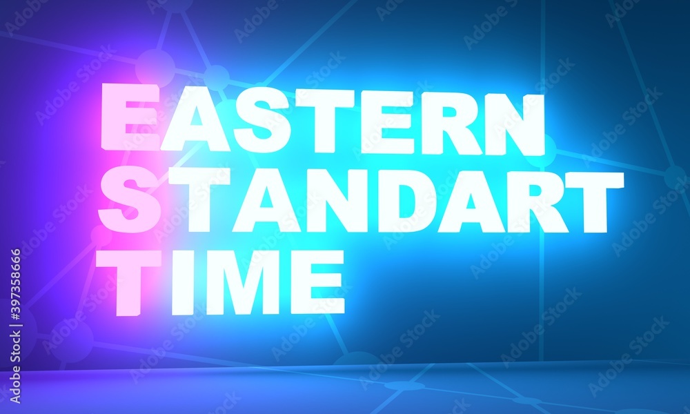 EST - Eastern Standard Time acronym. 3D rendering. Neon bulb illumination