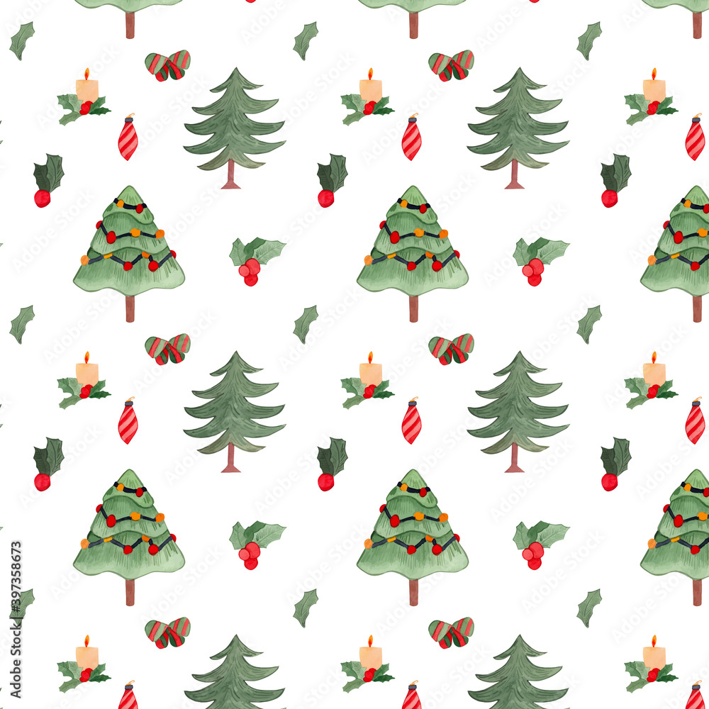 Christmas Trees and Mistletoes Illustration. Watercolor Christmas Pattern. Holiday decorative clip art. Winter trees and nature art. Cozy bright background for december celebration. 
