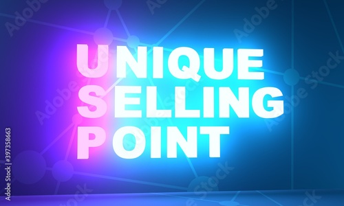 Acronym USP - Unique selling point. Business conceptual image. 3D rendering. Neon bulb illumination