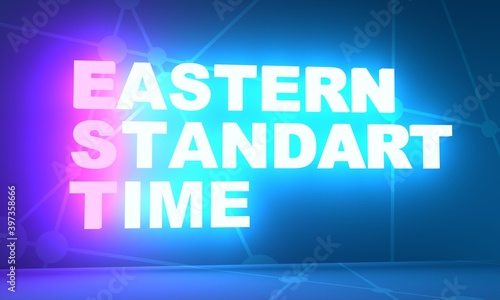 EST - Eastern Standard Time acronym. 3D rendering. Neon bulb illumination