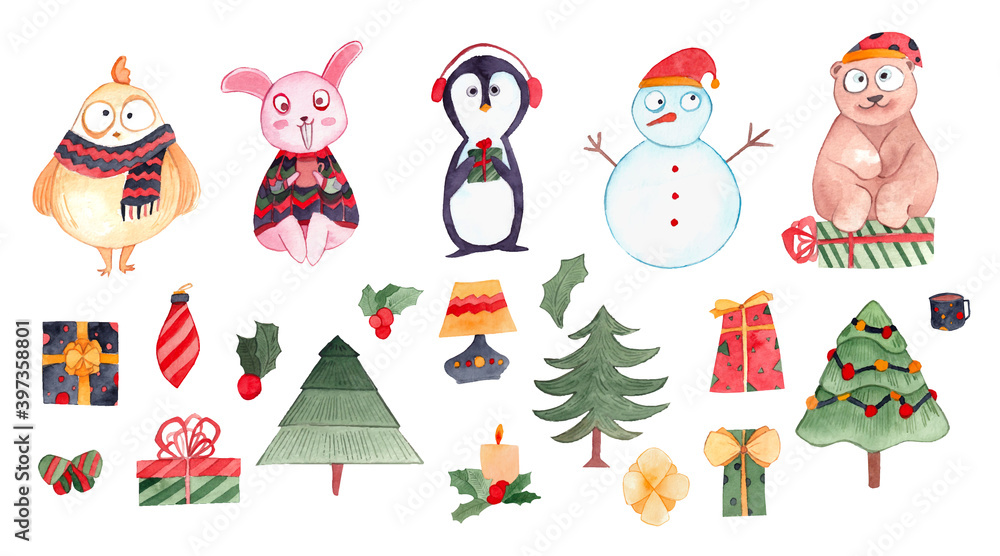 Animals in Christmas: Bird, Bunny (Rabbit), Penguin, Teddy Bear and Snowman.  Christmas elements: gifts, trees, candles, decors, cup of cocoa and mistletoe. Watercolor illustrations set. Noel vector