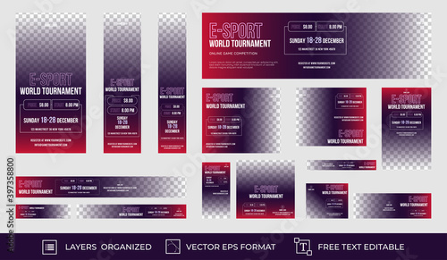 Set of Esport Games Banner with standard size for ads. Vertical, horizontal and square template. Vector EPS