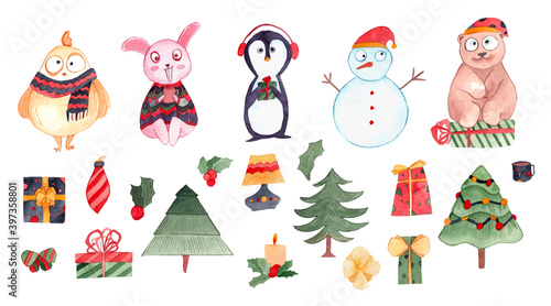 Animals in Christmas: Bird, Bunny (Rabbit), Penguin, Teddy Bear and Snowman. Christmas elements: gifts, trees, candles, decors, cup of cocoa and mistletoe. Watercolor illustrations set. Noel vector