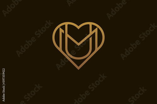 Abstract initials M and U logo, gold colour line style heart and letter combination, usable for brand, card and invitation, logo design template element,vector illustration