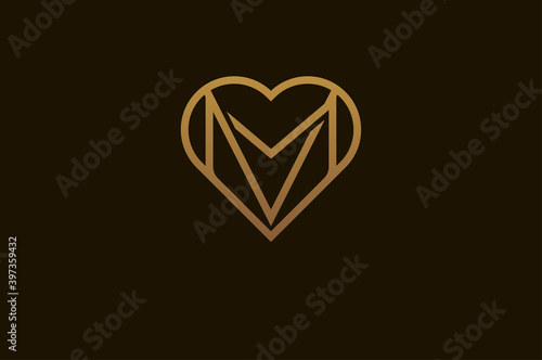Abstract initials M and V logo, gold colour line style heart and letter combination, usable for brand, card and invitation, logo design template element,vector illustration