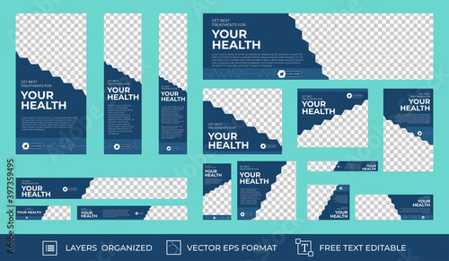 Set of Medical Web Banner with standard size for ads. Vertical, horizontal and square template. Vector EPS