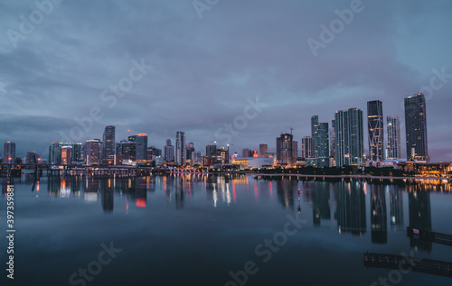 country skyline at night miami city panoramic buildings downtown water reflections beautiful florida usa 