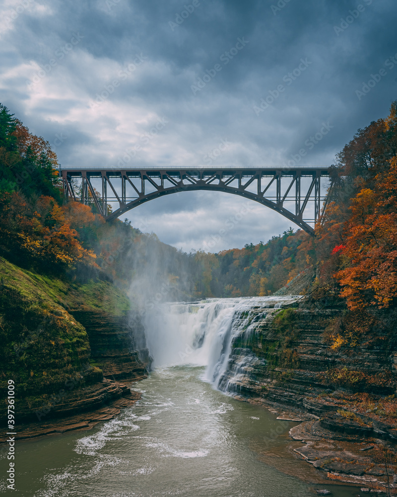 Upper Falls and the Portage Viaduct with autumn color, at Letchworth State Park, New York