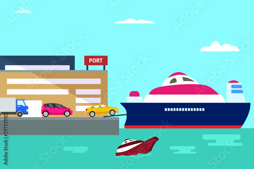 Port vector concept: Cars in queuing to enter the cruise ship