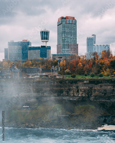 View of buildings in Niagara Falls, Ontario from New York © jonbilous