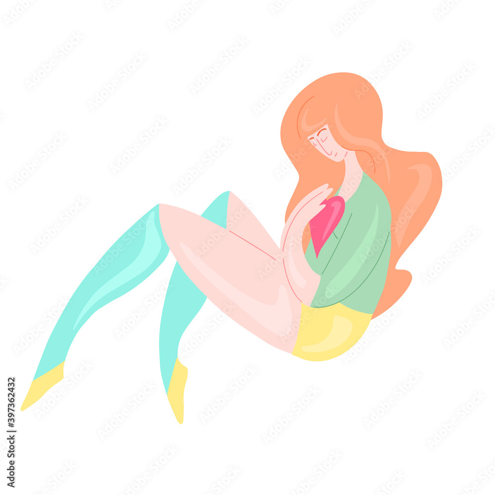 Happy sports girl hugging heart. Body positivity, confidence and self acceptance. The power of women and feminism. Delicate vector illustration for postcards, articles, banners and your creativity.
