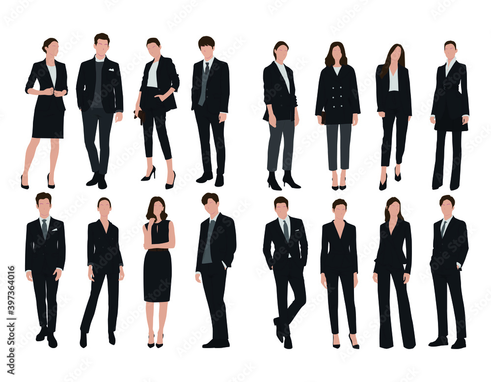 Vector of young businessman and women with suit, Business people, group of men and women, wearing working outfit, standing in white background Vector of young businessman and women with suit, Business people, group of men and women, wearing working outfit, standing in white background