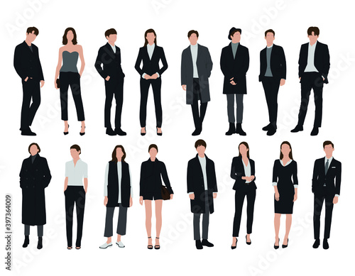 Vector of young businessman and women with suit, Business people, group of men and women, wearing working outfit, standing in white background