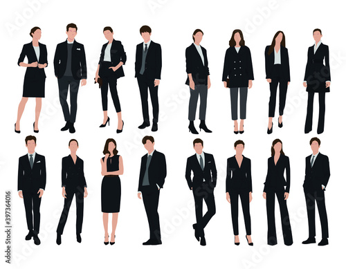 Vector of young businessman and women with suit, Business people, group of men and women, wearing working outfit, standing in white background