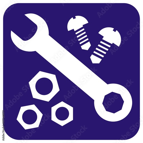 Hardware, set of nut, wrench and screw, white vector icon on blue background