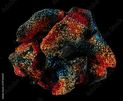 Fototapeta Naklejka Na Ścianę i Meble -  3d render of abstract art with surreal organic stone geology mineral substance as coral reef based on small balls particles in red blue and green color on black background 