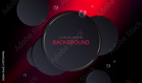 Abstract design with a gradient of red, dull mosaic, gray circles, gold drip border