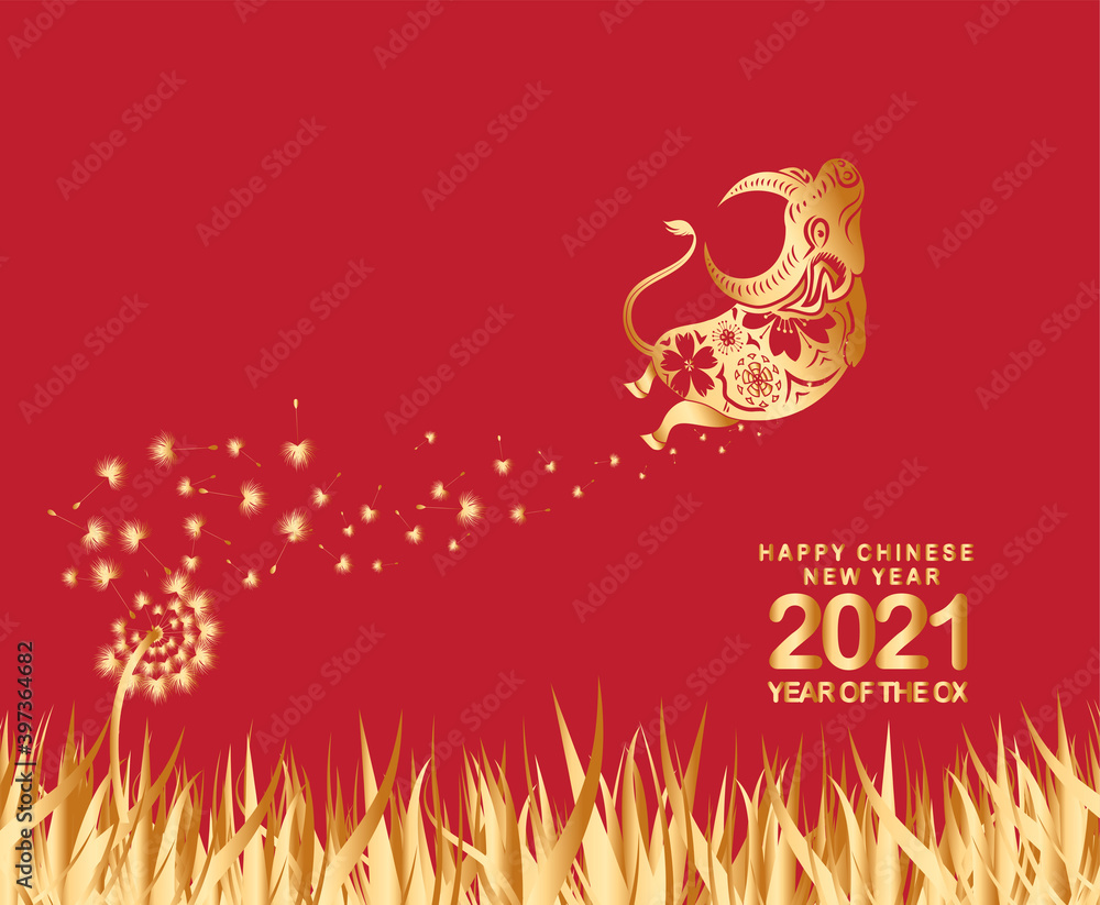 2021 Chinese New Year vector illustration with gold dandelion flowers, Chinese typography Happy New Year, ox. Gold on red. Concept holiday card, banner, poster, decor element 2021 Chinese New Year vector illustration with gold dandelion flowers, Chinese typography Happy New Year, ox. Gold on red. Concept holiday card, banner, poster, decor element