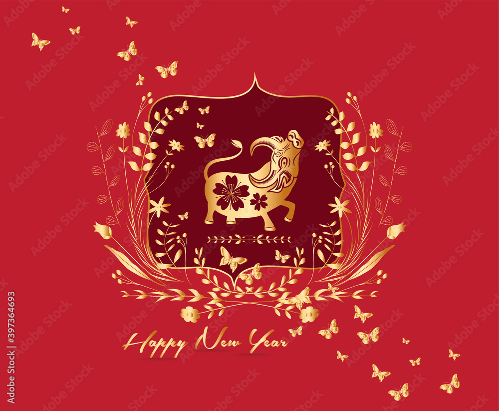 2021 Chinese New Year vector illustration with flowers, Chinese typography Happy New Year, ox. Gold on red. Concept holiday card, banner, poster, decor element 2021 Chinese New Year vector illustration with flowers, Chinese typography Happy New Year, ox. Gold on red. Concept holiday card, banner, poster, decor element