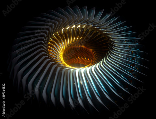 Fototapeta Naklejka Na Ścianę i Meble -  3d render of abstract art of 3d industrial surreal turbine jet engine, circular saw, wheel or flower in spiral pattern with sharp curve blades in gold and black matte aluminum with blue parts in dark