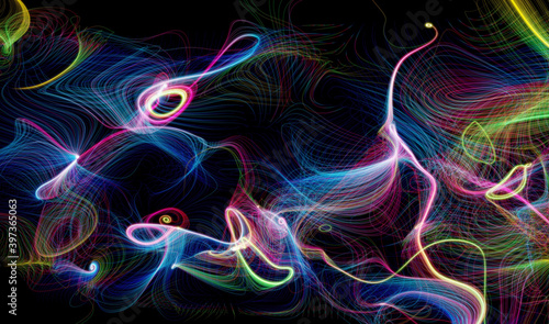 3d render of abstract art of surreal fantasy magic mystery background based on curve round twisted spirals glowing bloom lines strings or threads in neon purple yellow blue and green gradient color