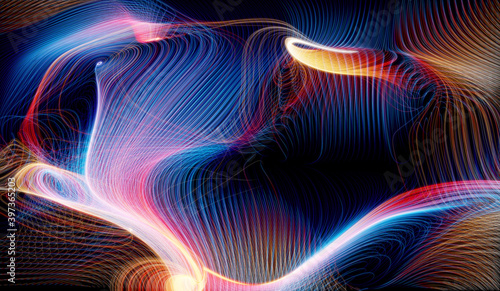 3d render of abstract art of surreal fantasy magic mystery background based on curve round twisted spirals glowing bloom lines strings in neon purple yellow and blue gradient color