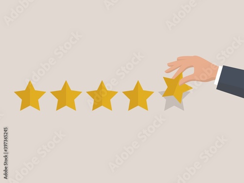 Flat vector illustration businessman hand giving five star rating, Feedback concept.