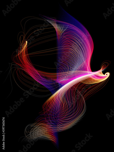 3d render of abstract art of surreal background with curve wavy spiral and twisted magic miracle fantasy concentric tungsten filament lines in purple pink gradient glowing color light in the dark