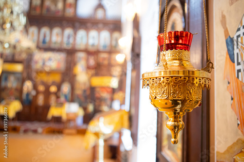 Photo icon lamp from brass in orthodox church, religious concept