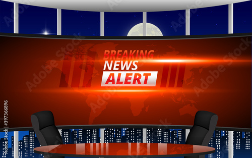 table with breaking news alert on led screen background in the news studio