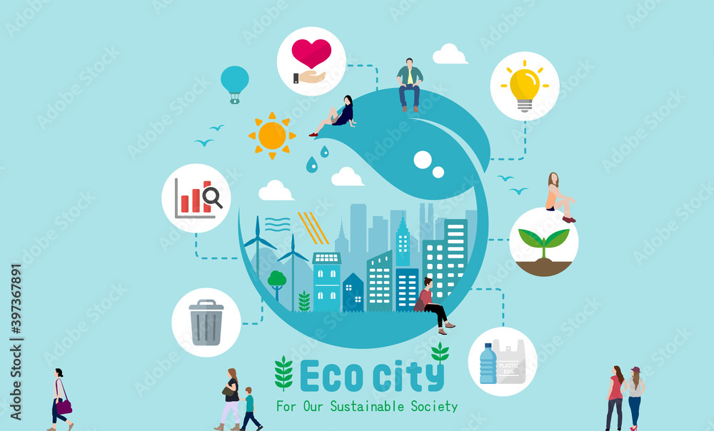 Naklejka premium Ecology life, eco city vector banner illustration ( ecology concept , nature conservation )