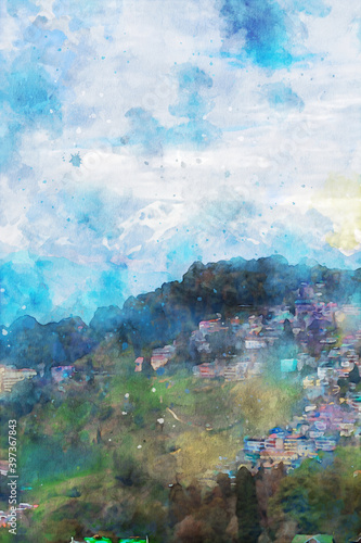Village on mountains with sky clouds  digital watercolor painting
