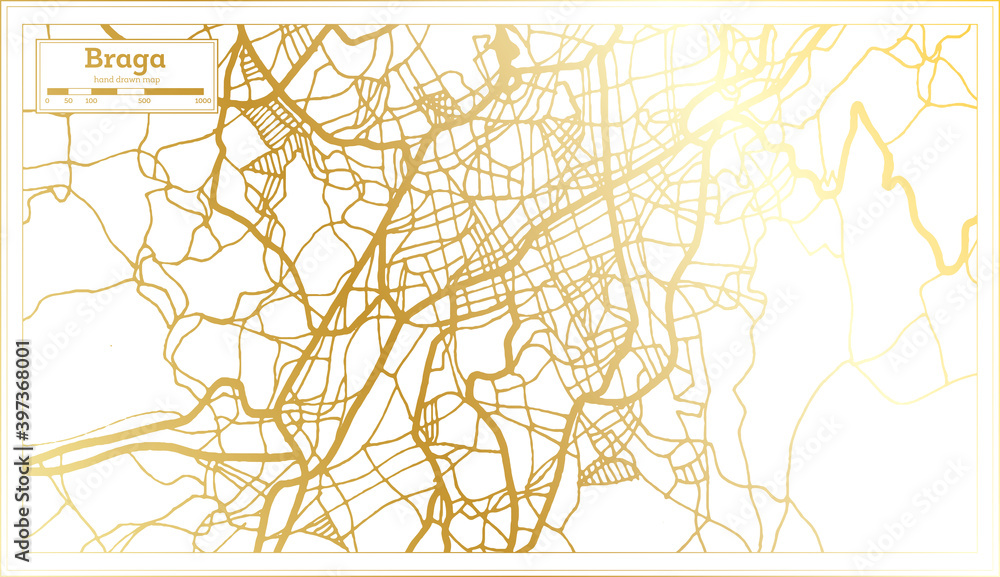 Braga Portugal City Map in Retro Style in Golden Color. Outline Map.